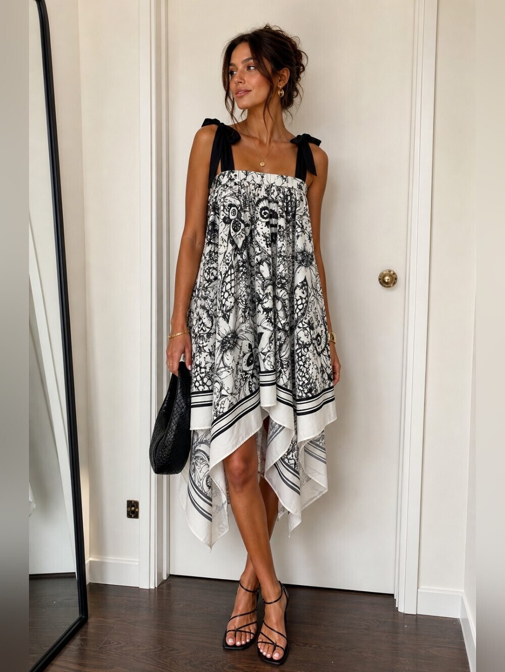 Black & White Tie-Shoulder Handkerchief Hem Dress